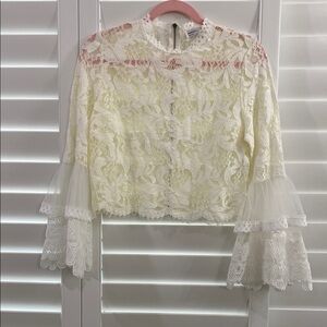 Mango lace tiered bell sleeve sheer top size large